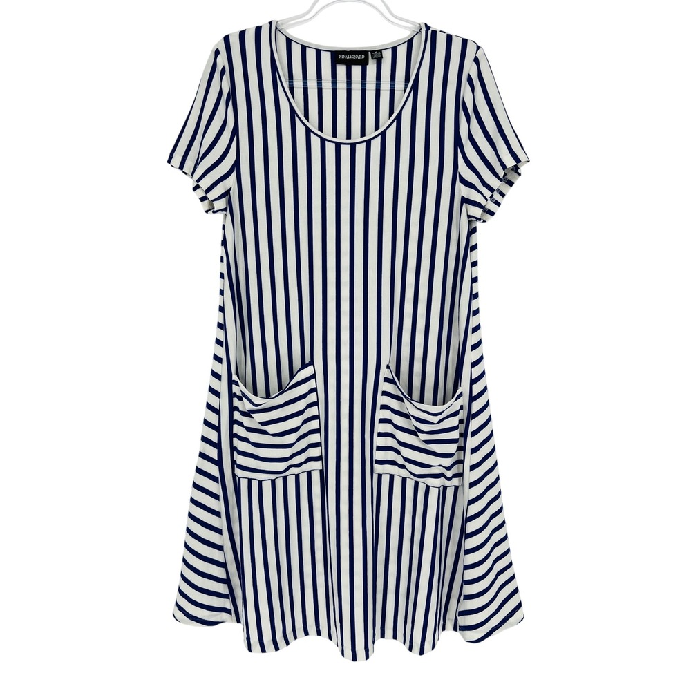 Nina Leonard‎ T-Shirt Dress Women Medium Blue White Striped Pockets Nautical